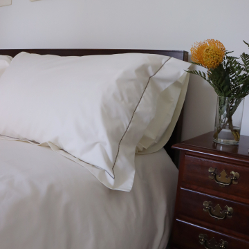 Ivory pillow sham cotton percale brown hemstitch trim 