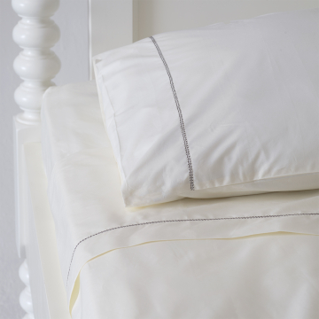 Ivory cotton top sheet brown trim hemstitch