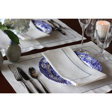 Ivory Napkin with Navy Blue Contrast Hemstitch