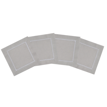 Silver Grey Linen Cocktail Napkin with White Contrast Hemstitch