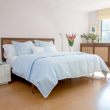 Sky Blue Linen Duvet Cover White Piping