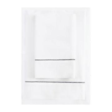 White 500TC Cotton Percale Sheet Set - Black Hemstitch