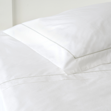 White 500TC Cotton Percale Pillowcase (Pair) - Green Hemstitch