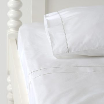 White 500TC Cotton Percale Pillowcase (Pair) - Green Hemstitch