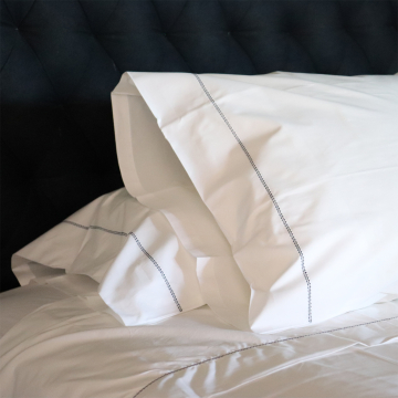 White 500TC Cotton Percale Sheet Set - Navy Blue Hemstitch