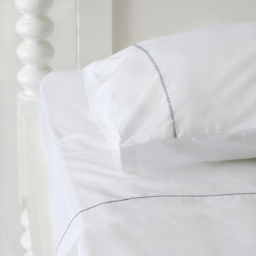 White 500TC Cotton Percale Top Sheet - Navy Blue Hemstitch