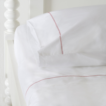 White 500TC Cotton Percale Sheet Set - Red Hemstitch