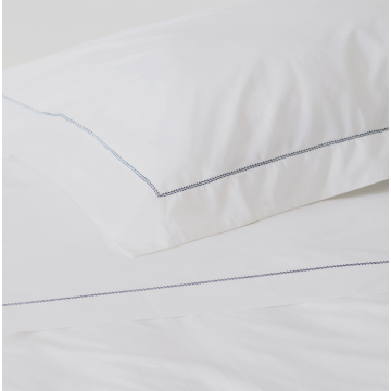 White 500TC Cotton Percale Sham (Pair) - Navy Blue Hemstitch