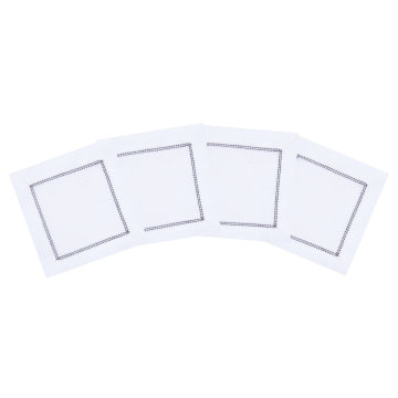 White Linen Cocktail Napkin with Black Contrast Hemstitch