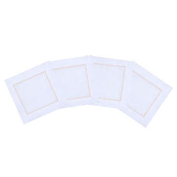 White Linen Cocktail Napkin with Gold Contrast Hemstitch