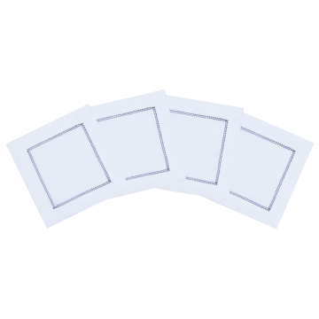 White Linen Cocktail Napkin with Navy Blue Contrast Hemstitch