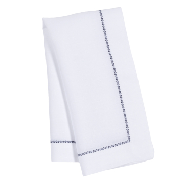 White Linen Napkin with Navy Blue Contrast Hemstitch