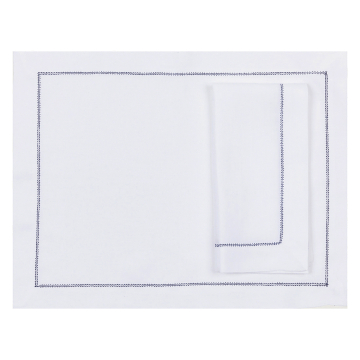 White hemstitched linen placemat navy blue trim