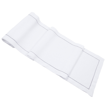 White Linen Table Runner with Navy Blue Contrast Hemstitch