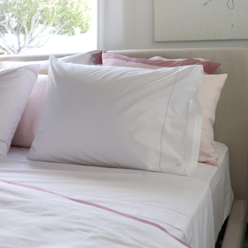 White 500TC Cotton Percale Pillowcase (Pair) - Pink Hemstitch