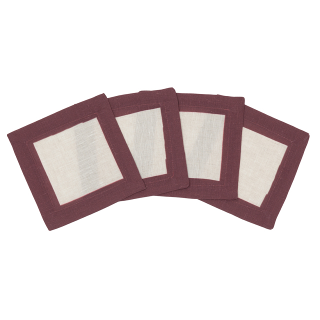 Natural Linen Cocktail Napkin with Rust Brick Red Border