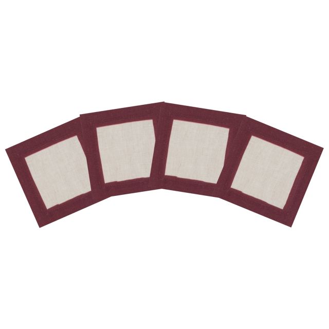 Natural Linen Cocktail Napkin with Burgundy Claret Wine Red Border