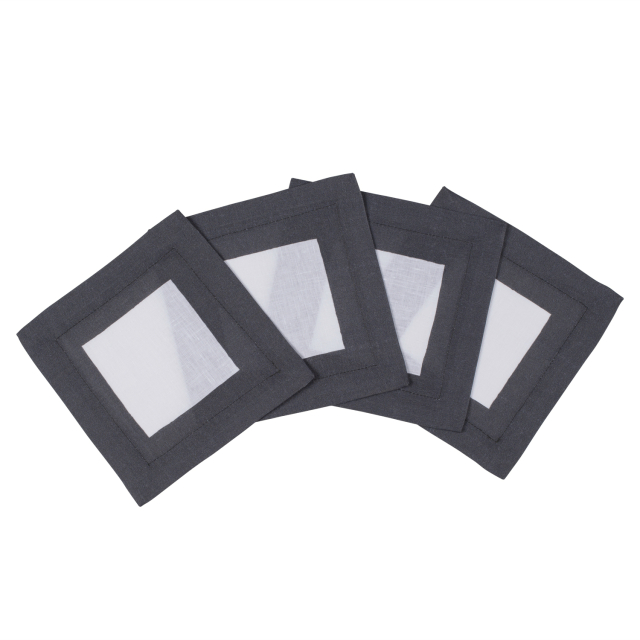 Cinta white linen cocktail napkin coaster charcoal grey border