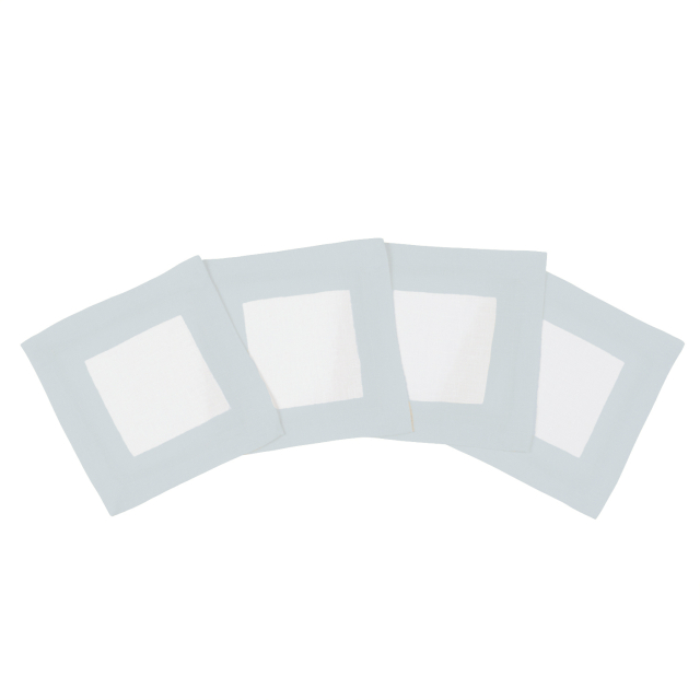Huddleson white linen cocktail napkin sky blue border