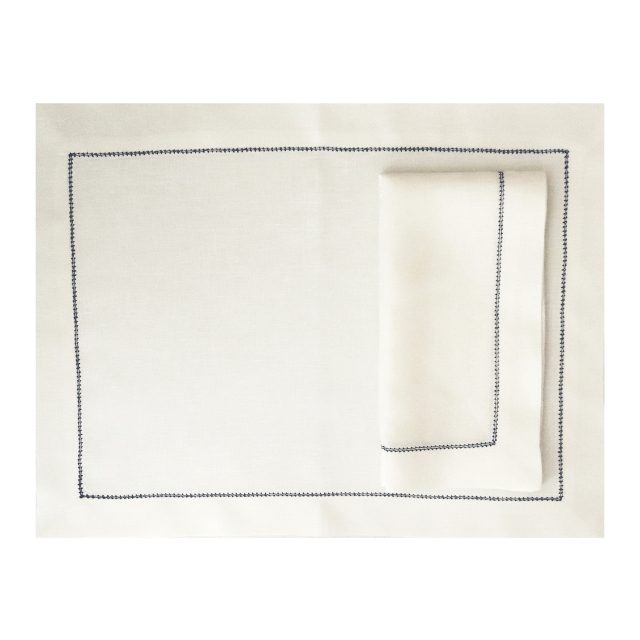 Huddleson Luxury Ivory Linen Placemat Navy Blue Hemstitch