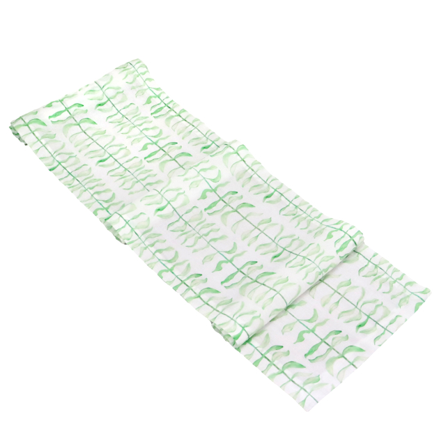 Leaf print green and white linen table runner