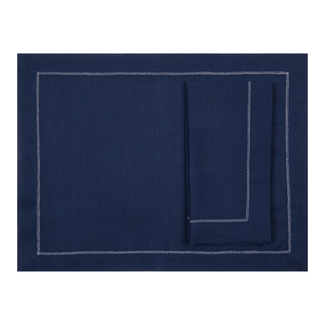Navy Blue Linen Placemat with Ivory Contrast Hemstitch