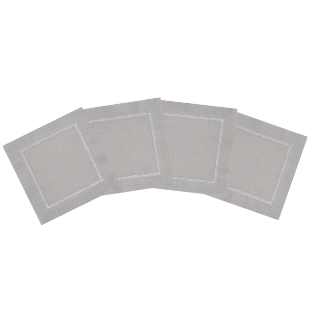Silver Grey Linen Cocktail Napkin with White Contrast Hemstitch