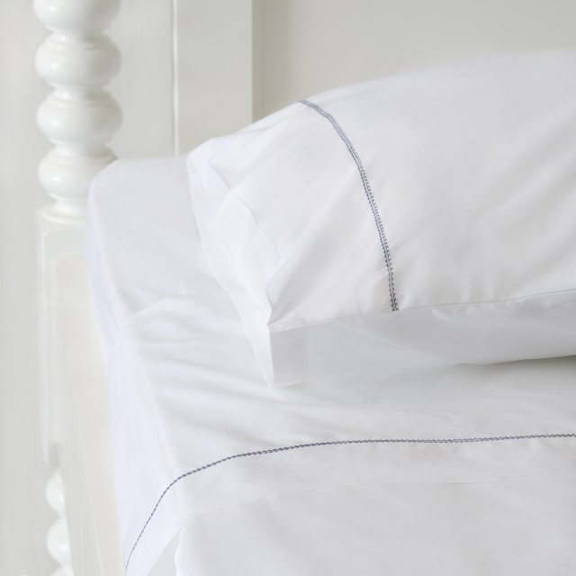 Huddleson white 500 thread count percale luxury cotton sheet set with navy blue hemstitch trim