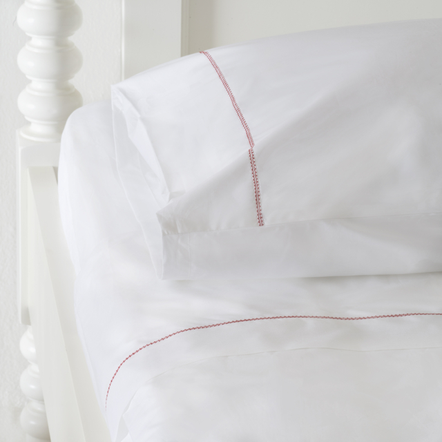 White 500TC Cotton Percale Sheet Set - Red Hemstitch