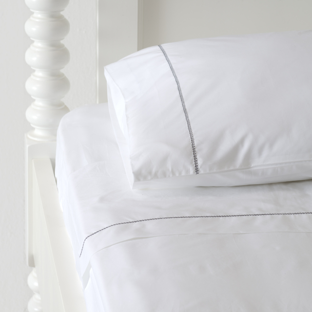 White 500TC Cotton Percale Top Sheet - Black Hemstitch