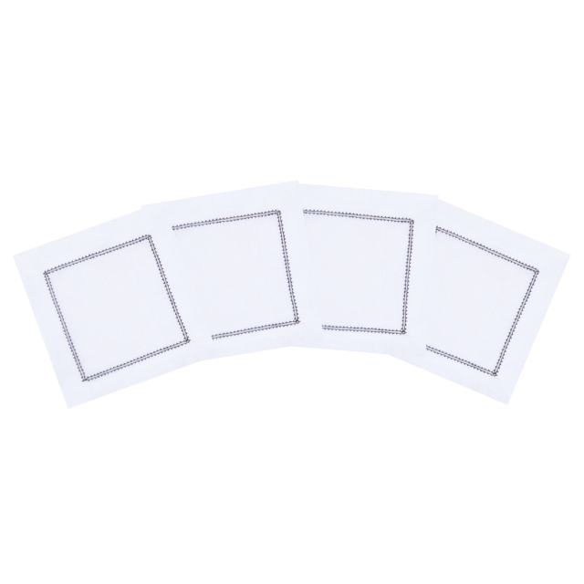 White Linen Cocktail Napkin with Black Contrast Hemstitch