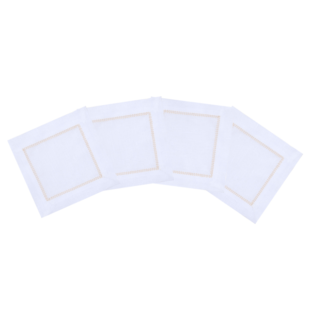 White Linen Cocktail Napkin with Gold Contrast Hemstitch