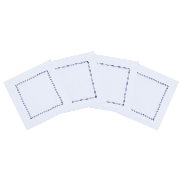 White Linen Cocktail Napkin with Navy Blue Contrast Hemstitch