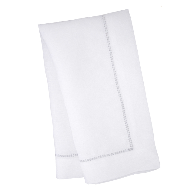 White hemstitched linen napkin grey trim