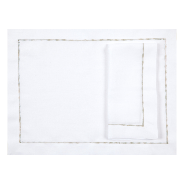 White Linen Placemat with Sage Green Contrast Hemstitch