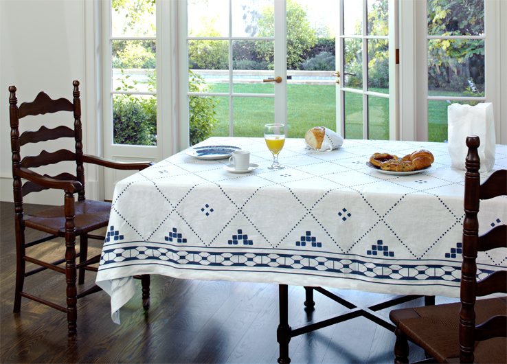 Blue and white linen tablecloth moroccan