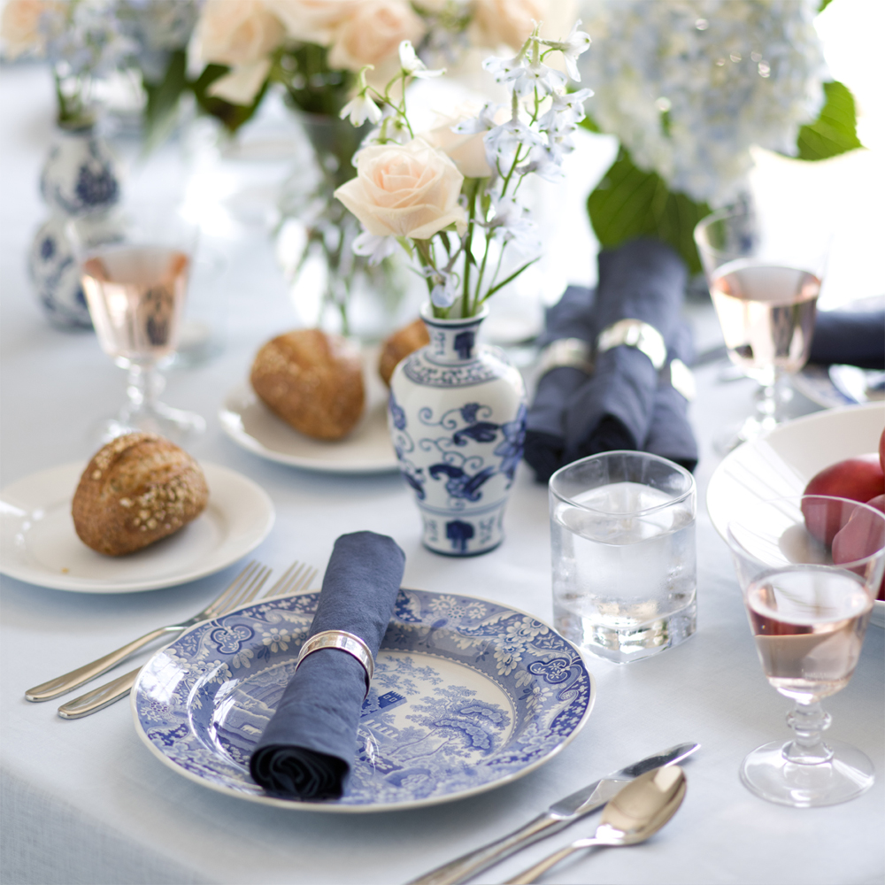 Navy Blue Sky Blue Chambray Napkins Tablecloth Pure Italian Linen Pastels Entertaining Rose Floral Bridal Spode China Luncheon Elegant Vintage Silver