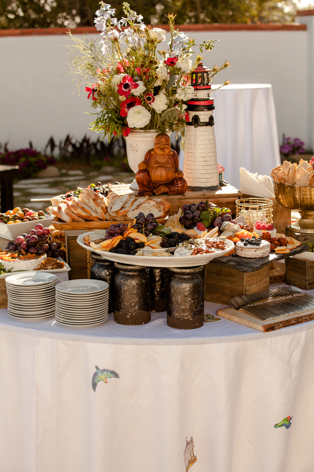Grazing cheese table for a spring wedding at Adamson House, Malibu