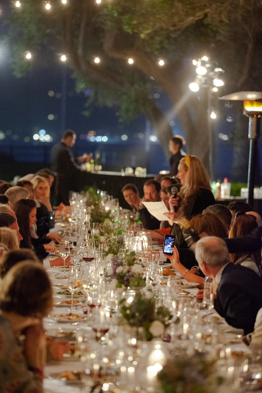 Outdoor spring wedding California cafe lighting long table speech