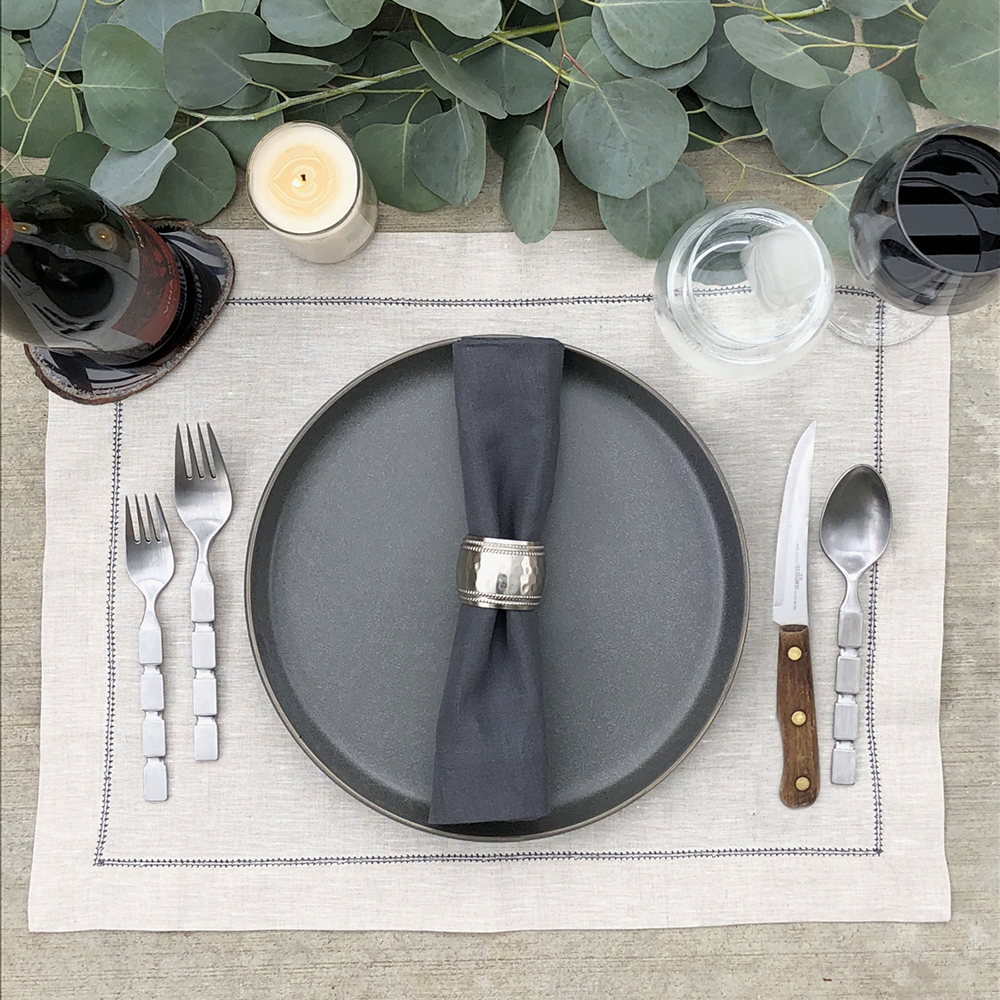 Natural linen placemat with chrcoal grey hemstitch and napkin