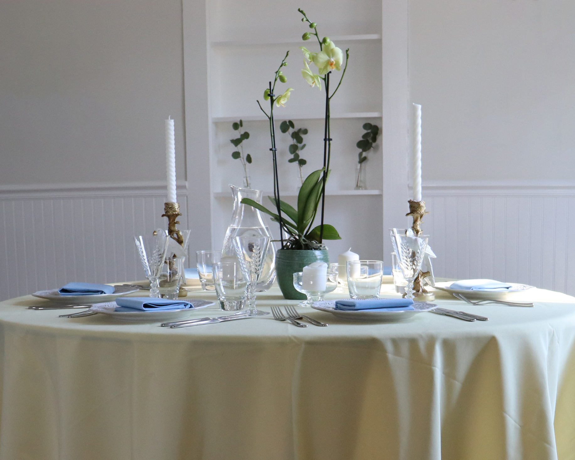 Gold polyester tablecloth sky blue event linens easy care
