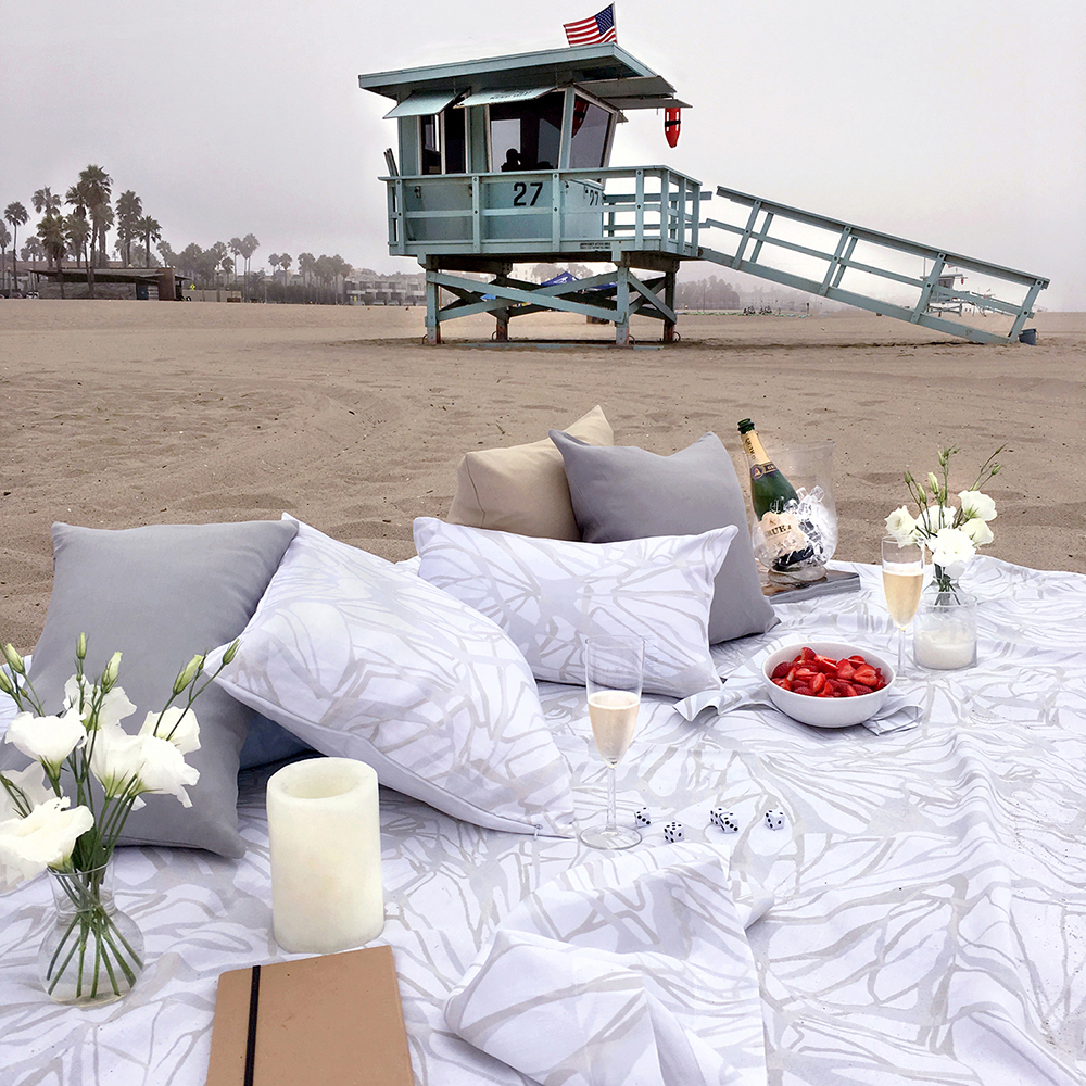 Luxury Picnic Beach Metallic Grey Gold Linen Tablecloth Champagne Bronze Pillows Glam Romance Engagement 