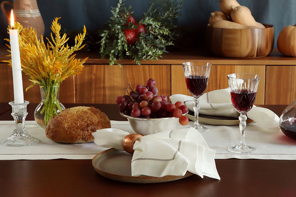 ivory linen napkin and runner with chocolate brown hemstitch thanksgiving