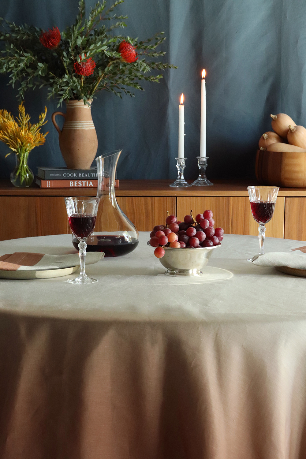 ombre terracotta natural linen tablecloth fall autumn thanksgiving hosting dinner party