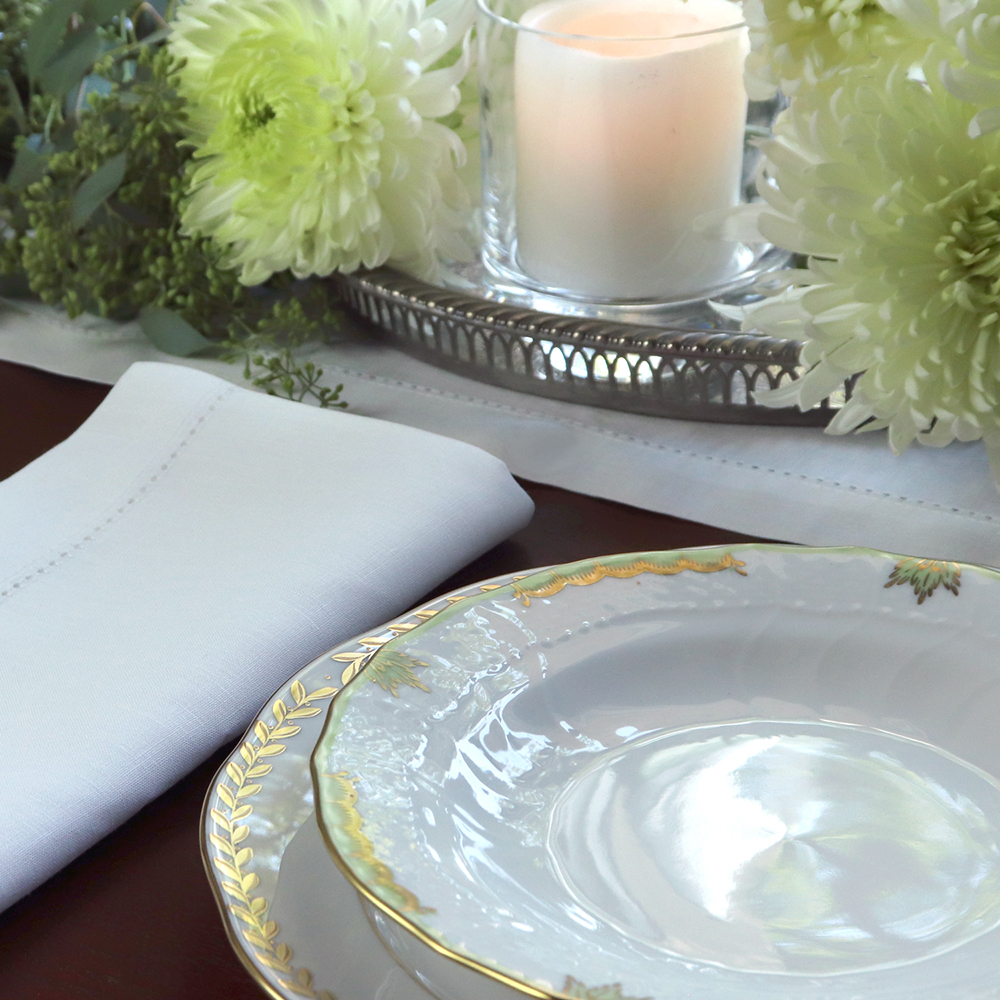White Hemstitched Linen Table Runner and Hemstitched Linen Napkin