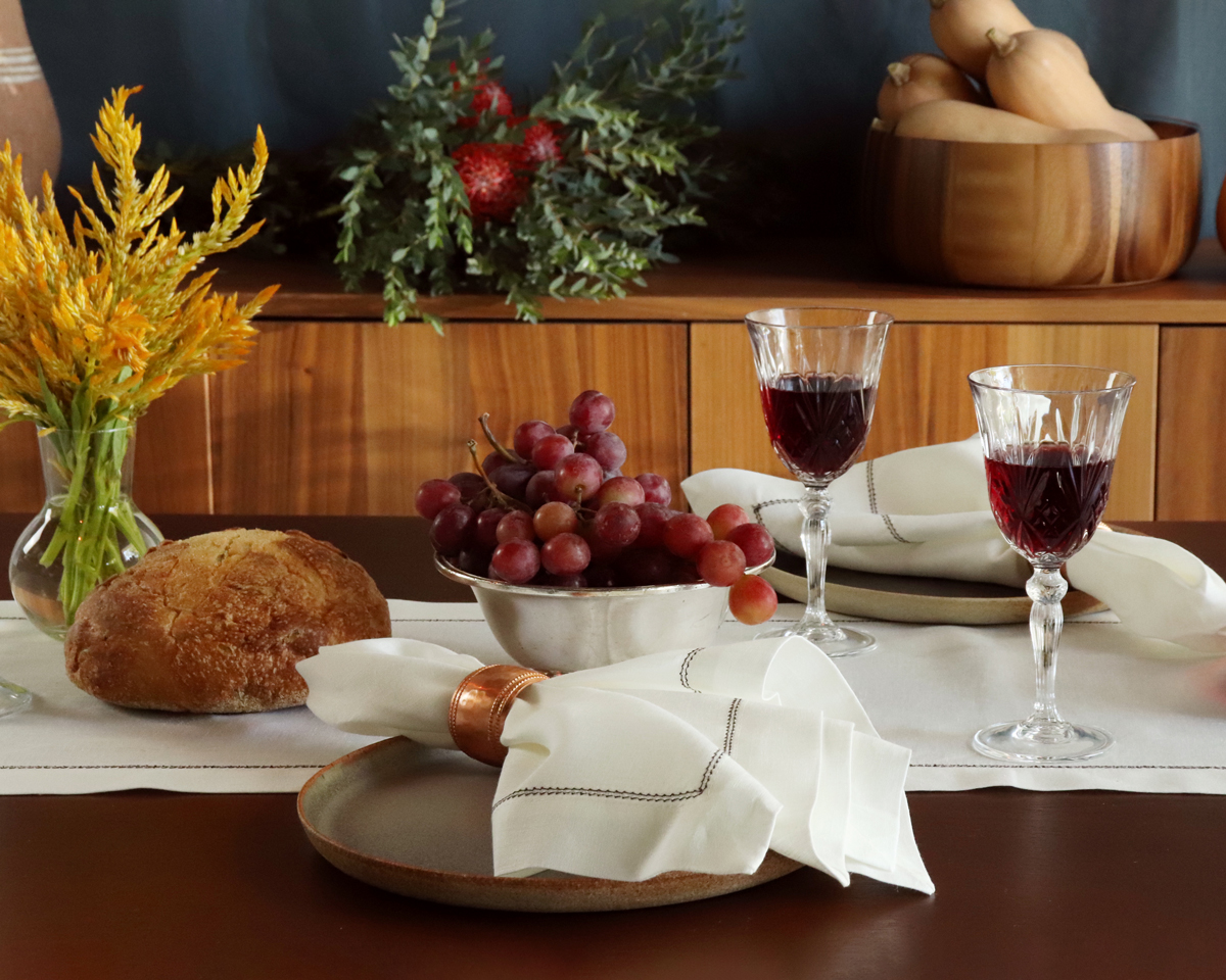 Ivory hemstitched linen napkin chocolate brown trim fall table setting 