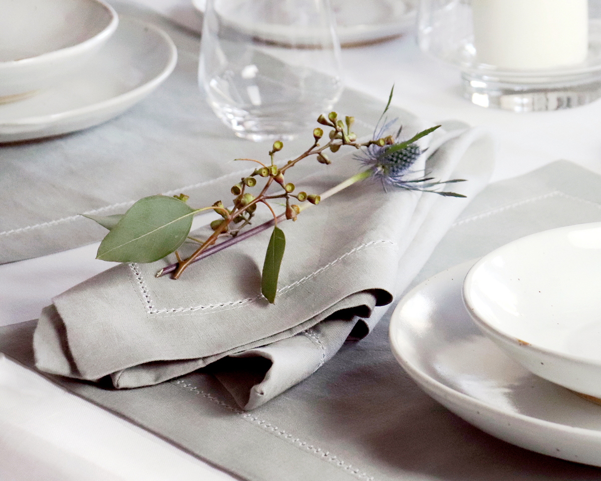 silver grey linen napkin white trim hemstitch 
