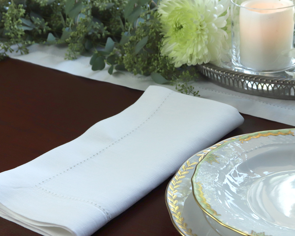 White Linen Hemstitch Napkin & Table Runner