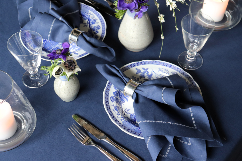 Blue linen hemstitched napkin white trim