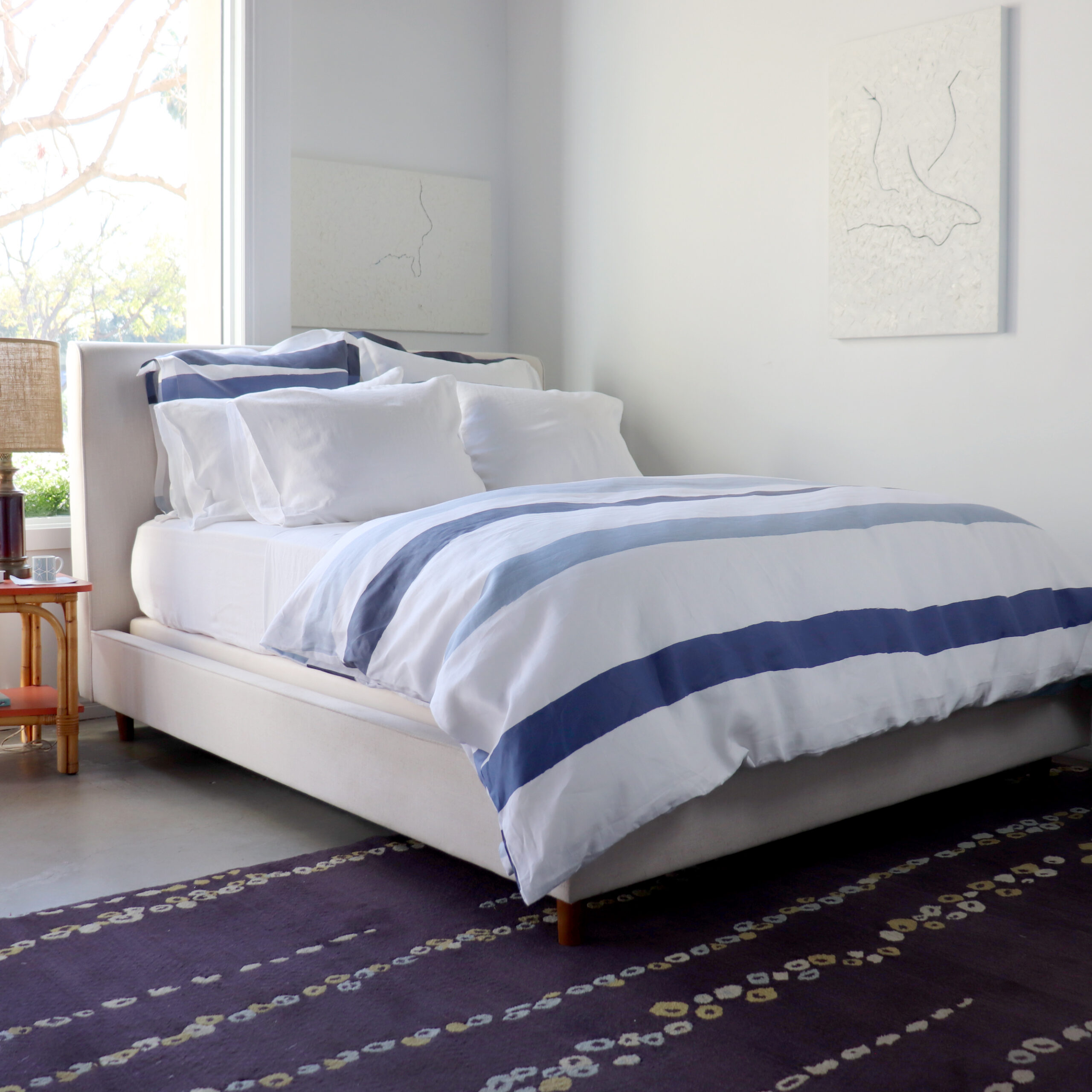 Blue and white stripe linen duvet cover 